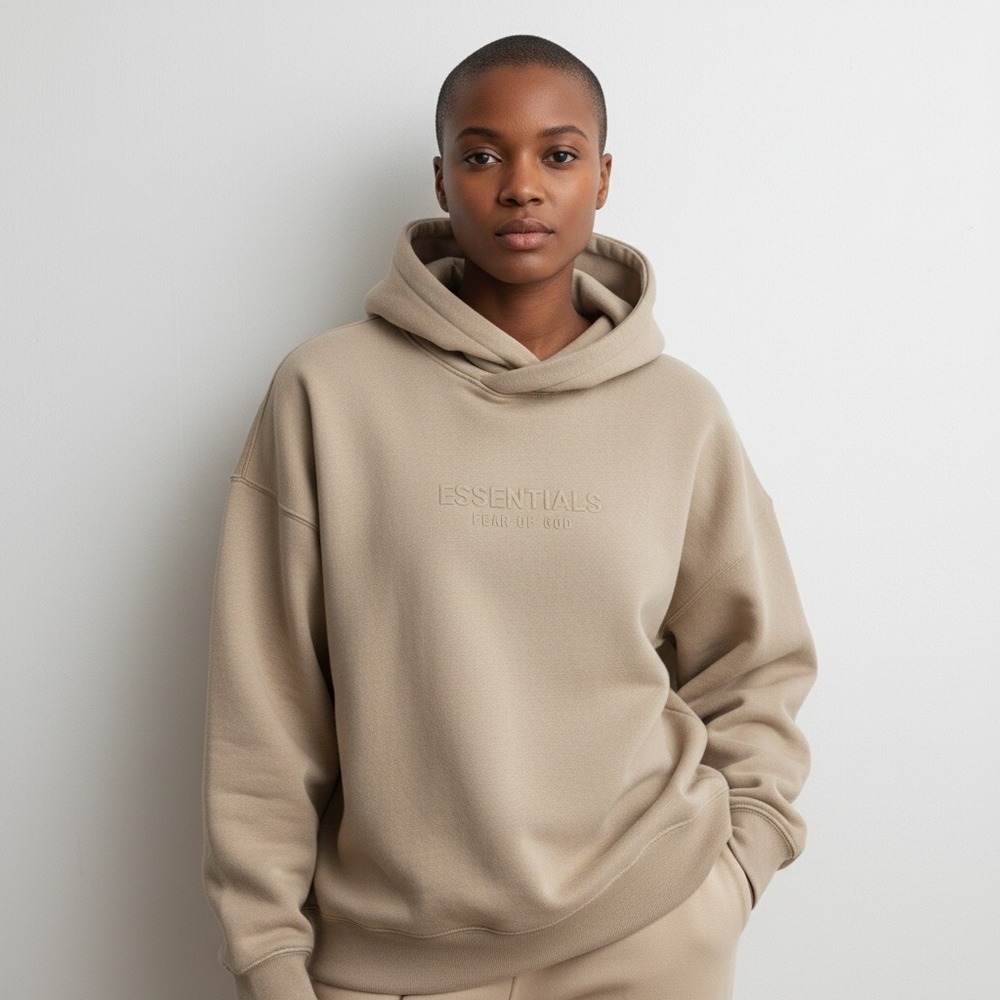 Fear of God Essentials Hoodie Unisex Small Oatmeal Heather Embossed Logo Hooded